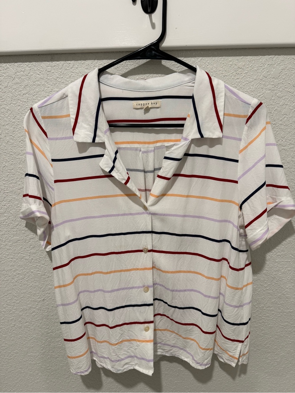 Copper Key White Button-Front Short Sleeve Top with Red, Navy & Lavender Stripes